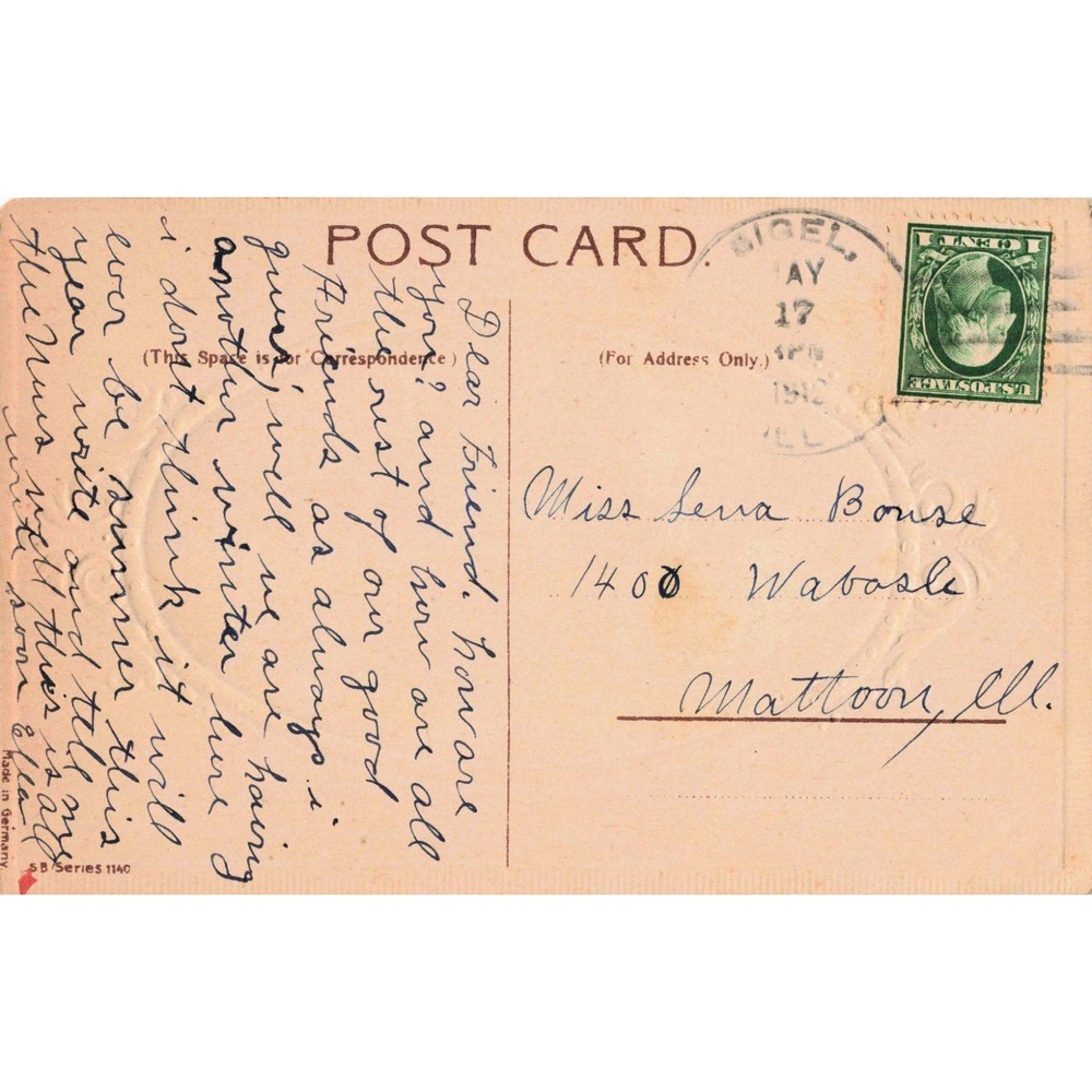 Vintage 1912 Good Luck Red Roses Postcard Sigel IL Postmark Made in Germany - Picture 2 of 2